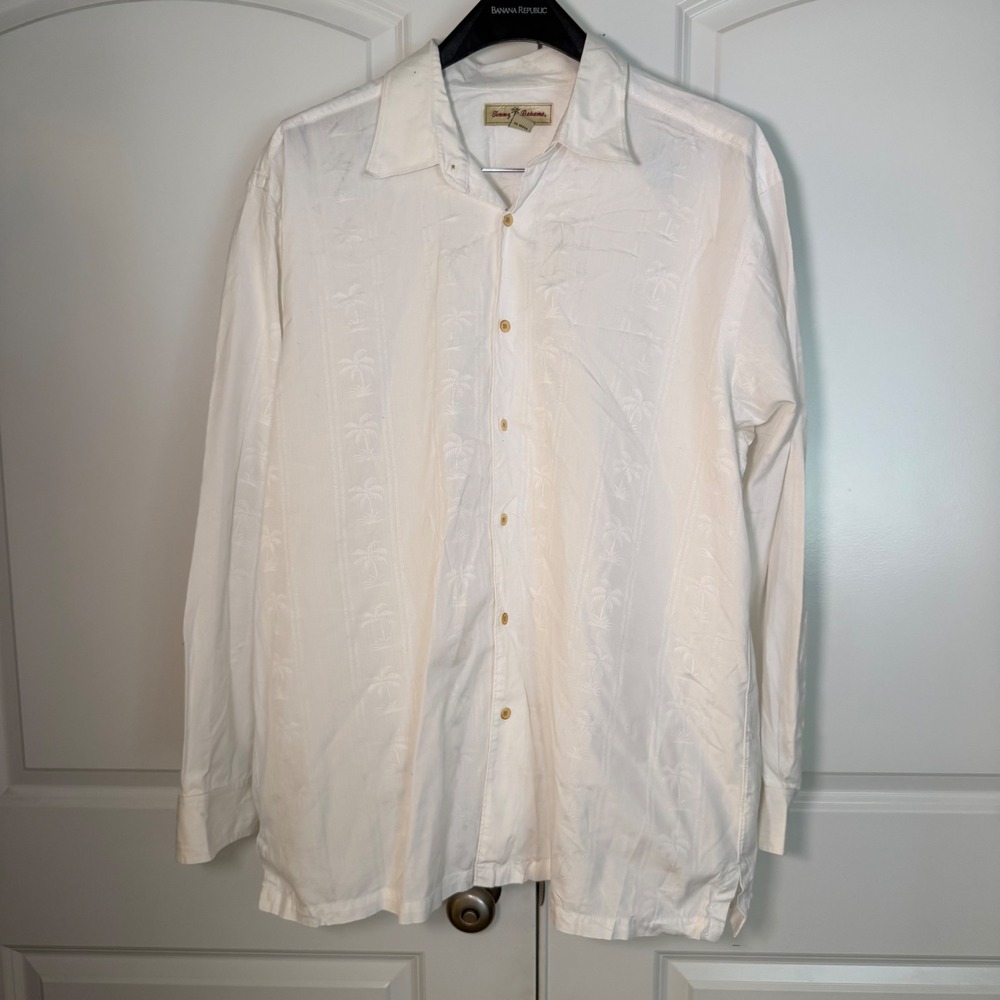 Tommy Bahama Mens XL White Cotton Long Sleeve Palm Tree Jacquard Button Down
